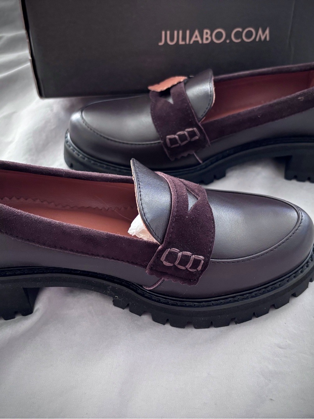 Julia Bo Handcrafted Leather penny loafers - brown, suede, chunky sole size 6 -
